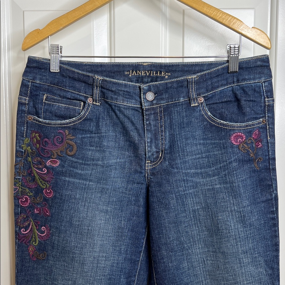Janeville | Embroidered Floral Dark Wash Jeans | Bootcut | Size 10